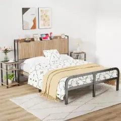 MaseiKar Fluted Headboard with Outlets, Wall Mount Wood Headboard with Storage, Height Adjustable, Storage Rack, Sturdy and Stable