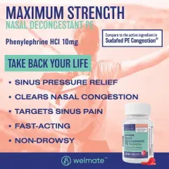 WELMATE PE Nasal Decongestant Tablets - Phenylephrine HCl 10mg 200ct