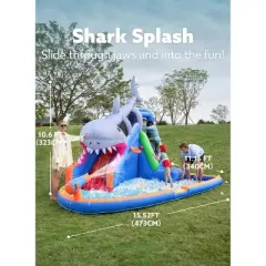 Joyfy Shark Inflatable Lawn Water Slide Bounce house, Blow Up Water Slides for Backyard, Single Person Water Slip with a Built-in Basketball Hoop