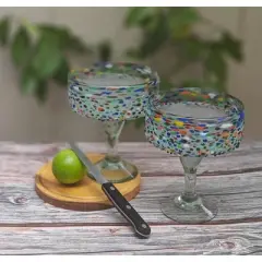 Dos Sue&ntilde;os Mexican Hand Blown Margarita Glasses - Confetti Rock Design - 16oz - Set of 2