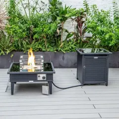 LeisureMod Walbrooke Patio Square Fire Pit and Tank Holder with Slats Design