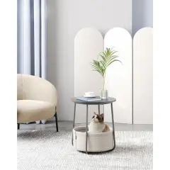 Small Round Side End Table Modern Nightstand with Fabric Basket