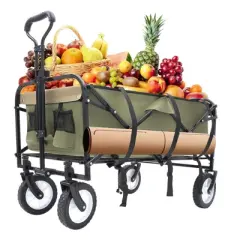 NAYSAYE Wagon Collapsible Utility Cart with Strapping System and Plastic Liner Set for Outdoor Use, Green, 35.04"*21.65"*38.98"