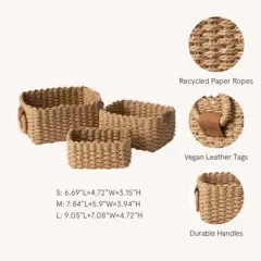Aoibox Small Wicker Storage Baskets Square Decorative Organizer Set of 3 Recycled Paper Rope with Handles for Shelves