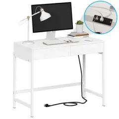 Kumasinova 40" Charging Gaming Desk with 2 Outlets&2 USB Ports,Computer Desk with 2 Drawer,Standing Desk for Office,Bedroom,White