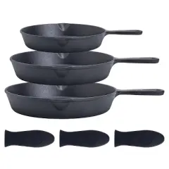 Bruntmor 6", 7.5", 10" Black Pre-seasoned Cast Iron Frying Pan - Set of 3 - Black