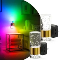 DORESshop 2-Pack 1W Plug-in Light Sensor Acrylic Cylinder Night Lights, Bubble Long + Short Columns, Black and Gold, Dimmable 3000K + RGB + Gradient