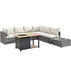 Ovios Venice 8pc Wicker Outdoor Patio Furniture Set Conversation Sofa with a Storage Fire Pit and Cushions