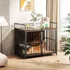 KTMBDW Furniture Style Large Dog Crate with 360&iexcl;&atilde; & Adjustable Raised Feeder for Dogs 2 Stainless Steel Bowls -End Table House Pad, Indoor Use, Brown