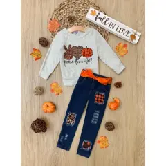 Girls Peace, Love, Fall Patched Jeans Set - Mia Belle Girls