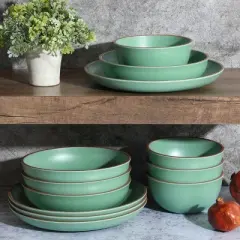 Gibson Home Rockabye 12 Piece Double Bowl Melamine Dinnerware Set in Green