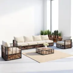 7-Piece Outdoor Sofa Set with Metal Frame, All-Weather Rattan, Cushions, and Adjustable Feet, Free Combination Design