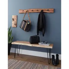 48" Hairpin Live Edge Wood Bench with Coat Hook Set Natural - Alaterre Furniture