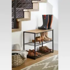 3 Tier Shoe Rack Black Metal with Natural Wood - Brightroom&trade;