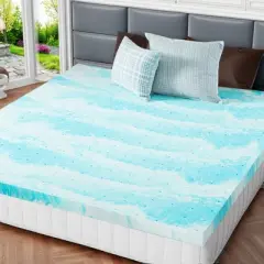 INFURNIC Mattresses Memory Foam Cooling Gel 2 Inches Mattress Bed Topper For Back Pain, Breathable And Skin Friendly, White And Blue, 74"*54"*2"