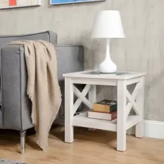 HOMCOM Farmhouse End Table, Sofa Side Table with Tempered Glass Top, Coffee Table with Underneath Storage Shelf for Living Room, Bedroom, White Oak
