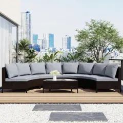 FIONECA 5-Piece Outdoor Patio Sectional Sofa Set, Brown PE Rattan Half-Moon Sofa with Tempered Glass Table & Gray Cushions
