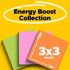 Post-it&reg; Super Sticky Notes, 3 in. x 3 in., Energy Boost Collection, 3 Pads/Pack: Multicolor, Art & Design, 45 Sheets/Pad