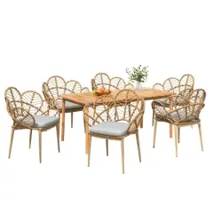 7-Piece Outdoor Patio Wicker Dining Set with Beige Cushions,  Brown 6 Chair and Acacia Wood Table Garden Set-Maison Boucle