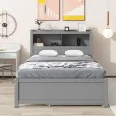 Full Size Platform Bed Frame with Trundle, Drawers and USB Plugs, White/Gray-ModernLuxe