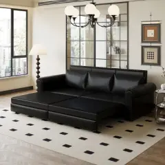 93"Pull Out Sofa Couch Bed Sofa King Size 3 In 1 Convertible Sleeper Sofa Bed Faux Leather Chesterfield Sofa With Nailhead Trim &Rolled Arm-Cuddlewood