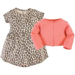 Touched by Nature Baby and Toddler Girl Organic Cotton Dress and Cardigan 2pc Set, Leopard