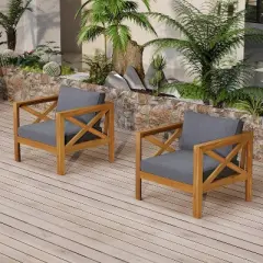 FIONECA Patio Conversation Set, 2 Acacia Wood Armchairs with Dark Grey Cushions & Side Table, Outdoor Leisure Set for Backyard, Lawn, Balcony