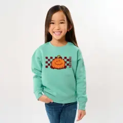 The Juniper Shop SmileyWorld Pumpkin Face Checkered Youth Sweatshirt - XS - Seafoam