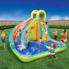 Banzai Splash 'N Blast Kids Outdoor Backyard Inflatable Water Slide Splash Swim Pool Park with Climbing Wall, Basketball Hoop, and Water Cannon