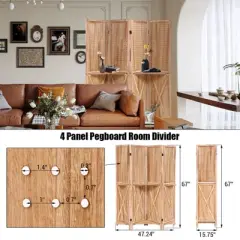 GustoWave Wooden Room Divider Wall 4 Panel with Holes,5.6FT Tall Room Divider with Shelves,Folding Privacy Screens 67 in for Room Separation Home