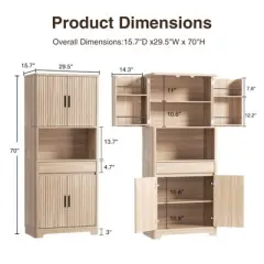 70.1" Tall Fluted Pantry Cabinet, Kitchen Storage Cupboard with Countertop for Microwave, Natural Wood