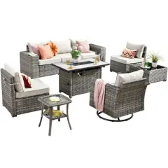Marlton 9pc Wicker Outdoor Patio Furniture Set Conversation Sofa with a Rectangle Fire Pit, Swivel Chair and Cushions