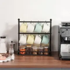 VEVOR Coffee Mug Holder for Countertop, 16 Hooks Coffee Cup Holder with Storage Base, 2 Tier Carbon Steel Mug Display Stand, Matte Black