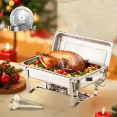 VEVOR Chafing Dish Buffet Set, 8 Qt 6 Pack, Stainless Steel Chafer with 6 Full Size Pans,Rectangle Catering Warmer Server with Lid Water Pan, Silver