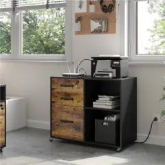 Yaheetech 3-Drawer Vintage File Cabinet with Socket and USB Charging Port Black/Rustic Brown