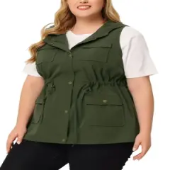 Agnes Orinda Women's Plus Size Utility Vest Sleeveless Anorak Cargo Drawstring Jacket