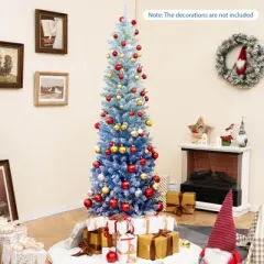 Costway 6/7 FT Blue Gradient Snow Flocked Artificial Christmas Tree with 435/725 Lush Branch Tips