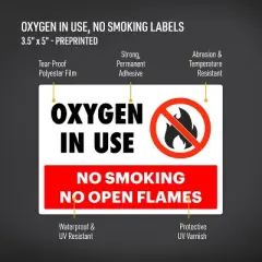 Avery Oxygen in Use No Smoking Sign Label Stickers, Waterproof, UV Resistant, Preprinted, 5" x 3.5", 8 Stickers