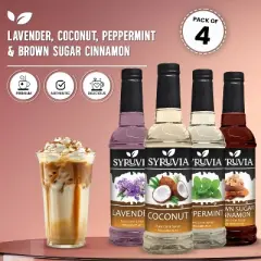 Syruvia Coffee Flavors Variety Pack: Lavender, Coconut, Peppermint & Brown Sugar Cinnamon 25.4 fl oz Syrup