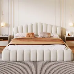 Queen Size Velvet Upholstered Bed Frame Floor Bed with Shell-Shaped Headboard for Bedroom - ModernLuxe