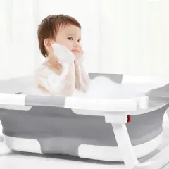 BabyBond Collapsible Baby Bathtub for Infant to Toddler, Portable Baby Bath Tub with Soft Cushion & Thermometer, Gray