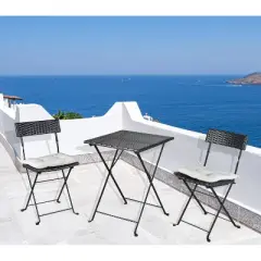 3pc Wicker Folding Outdoor Bistro Set with Cushions - Black/Beige - GODEER