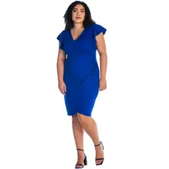Womens Plus Size V Neck Ruffle Sleeve Knee Length Dress