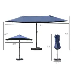 Outsunny Patio Umbrella 15' Steel Rectangular Outdoor Double Sided Market with base, Sun Protection & Easy Crank for Deck Pool Patio, Dark Blue