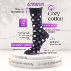 Women Cotton Calf Patterned Socks - 4 Pack - Striped, Dot, Geometric - M/L - Black, Brown, Navy | 7BIGSTARS KINGDOM