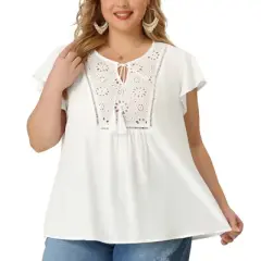 Agnes Orinda Women's Plus Size Blouse Ruffle Sleeve Lace Trim Tie Neck Peasant Top