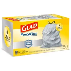 Glad ForceFlexPlus Tall Kitchen Drawstring Trash Bags - 13 Gallon White Trash Bag - OdorShield - 50ct