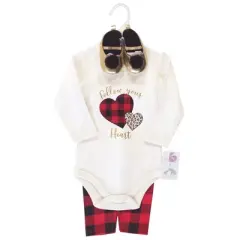 Little Treasure Baby Girl Cotton Bodysuit, Pant and Shoe 3pc Set, Buffalo Plaid Heart
