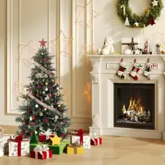 Pre-lit Artificial Christmas Tree w/Incandescent Warm White Lights,Snow Flocked Full Prelighted Xmas Tree Automatic Branch Tips,Foldable Stand