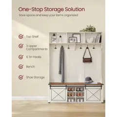 Hall Tree with Bench and Shoe Storage, Coat Rack with Shoe Bench, Entryway Furniture, 6 Tri-Hooks, Sliding Door, Farmfouse Style, Space Saving
